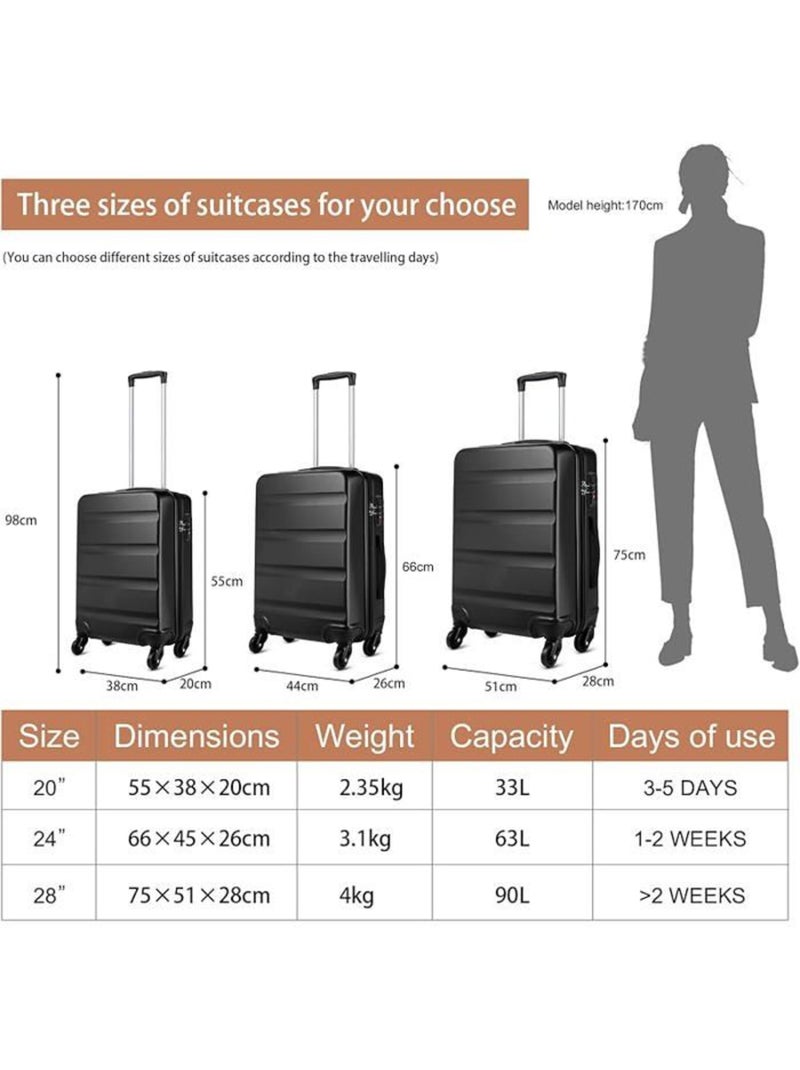 Valise cabine - 55x38x20 cm, rigide abs + pc, 4 roues, serrure à code - kono Noir - Kiabi