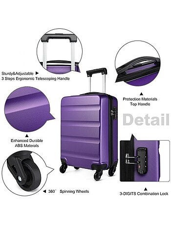 Valise cabine - 55x38x20 cm, rigide abs + pc, 4 roues, serrure à code - kono