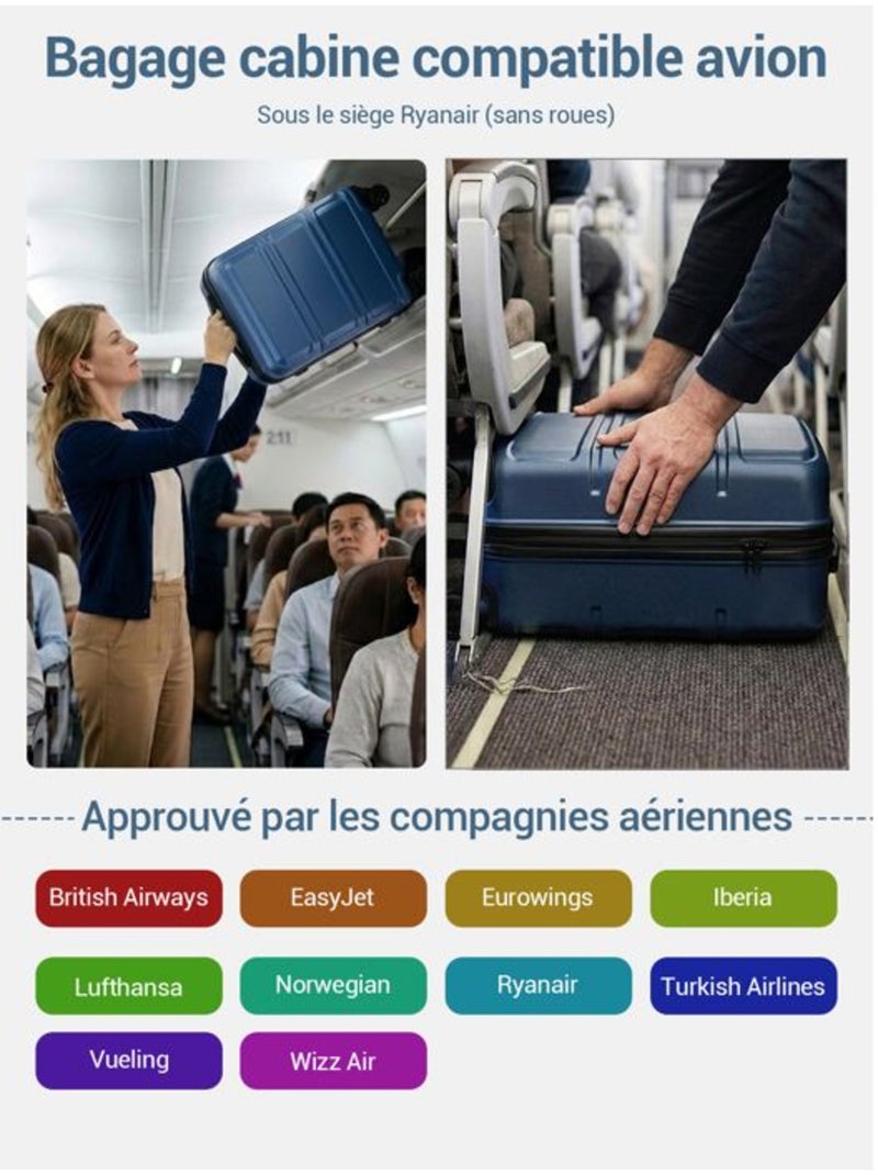 Valise cabine - 55x38x20 cm, rigide abs + pc, serrure tsa - kono Bleu - Kiabi