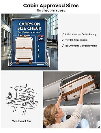 Valise cabine - 55x38x24 cm, rigide abs + pc, 4 roues 360°, serrure tsa - kono