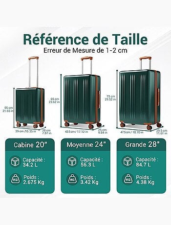 Valise cabine - 55x39x20 cm abs+pc 4 roulettes serrure tsa - kono
