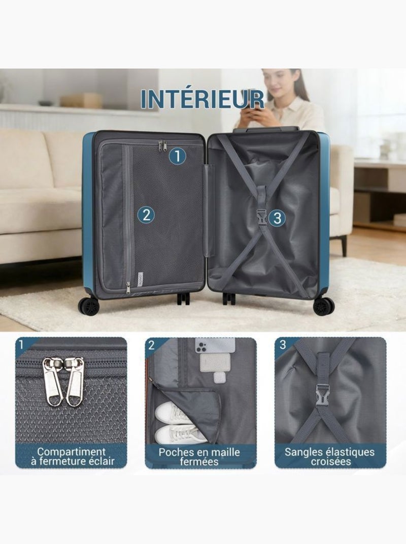 Valise cabine - 55x39x20 cm, rigide abs + pc, 4 roues 360°, serrure tsa - kono Bleu - Kiabi