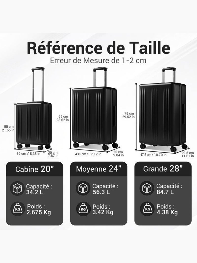 Valise cabine - 55x39x20 cm, rigide abs + pc, 4 roues 360°, serrure tsa - kono Noir - Kiabi