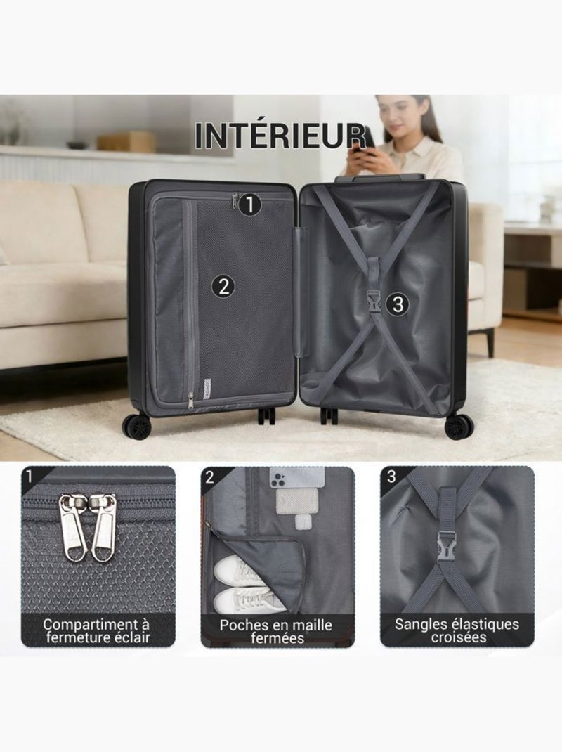 Valise cabine - 55x39x20 cm, rigide abs + pc, 4 roues 360°, serrure tsa - kono Noir - Kiabi