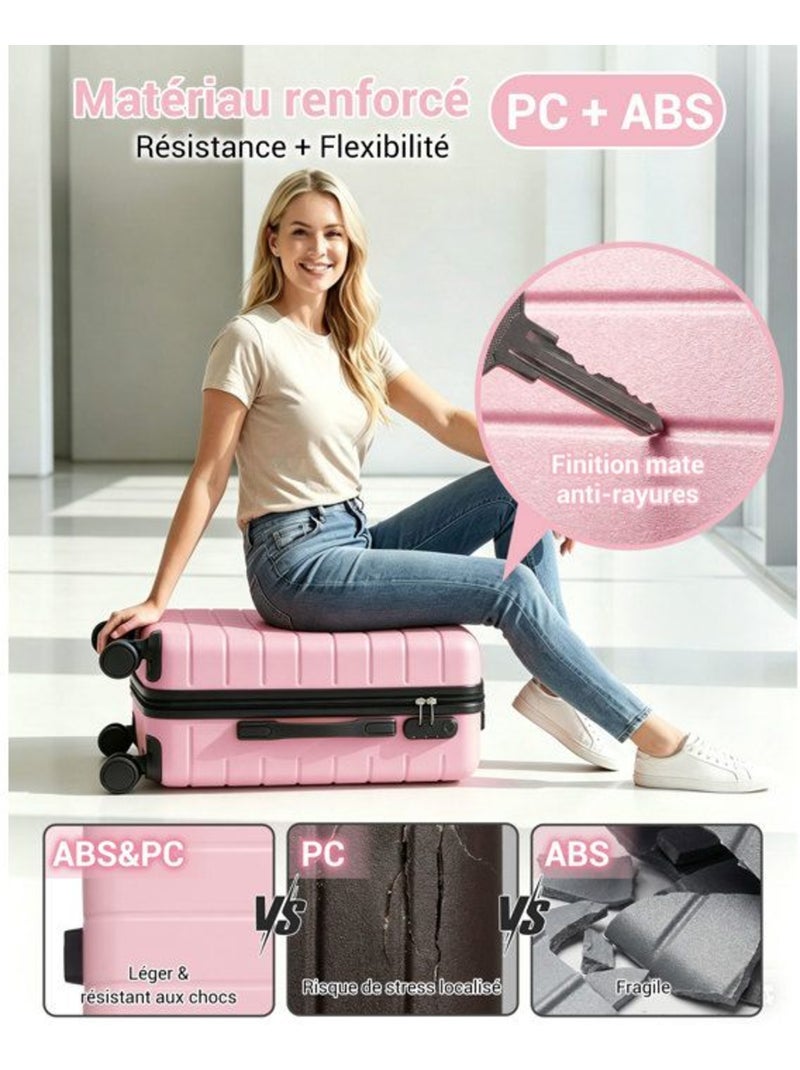 Valise cabine - 55x40x20 cm, rigide abs, 4 roues, serrure à code - kono Rose - Kiabi