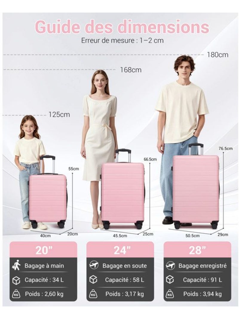 Valise cabine - 55x40x20 cm, rigide abs, 4 roues, serrure à code - kono Rose - Kiabi