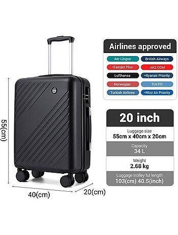 Valise cabine - 55x40x20 cm, rigide abs + pc, 4 roues 360° - kono
