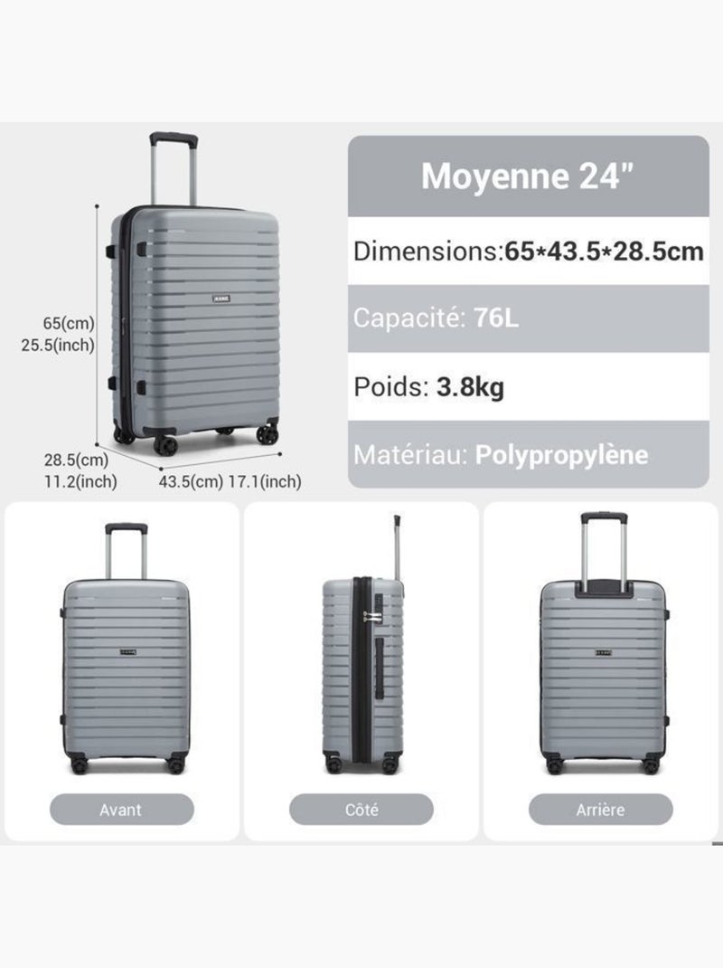 Valise cabine - 65x43.5x28.5 cm polypropylène 4 roulettes serrure tsa - kono Gris - Kiabi