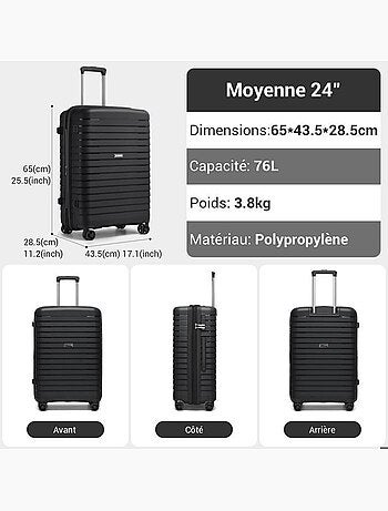 Valise cabine - 65x43.5x28.5 cm polypropylène 4 roulettes serrure tsa - kono