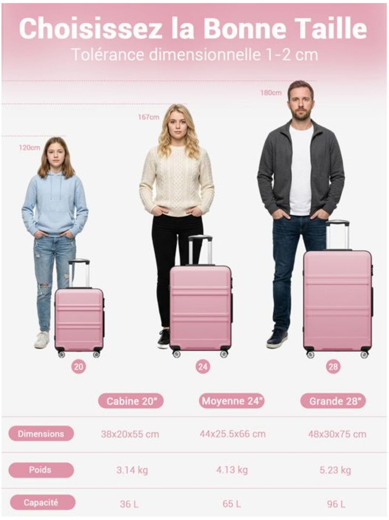 Valise cabine - 66x44x25.5 cm, rigide abs + pc, 4 roues 360°, serrure tsa - kono Rose - Kiabi