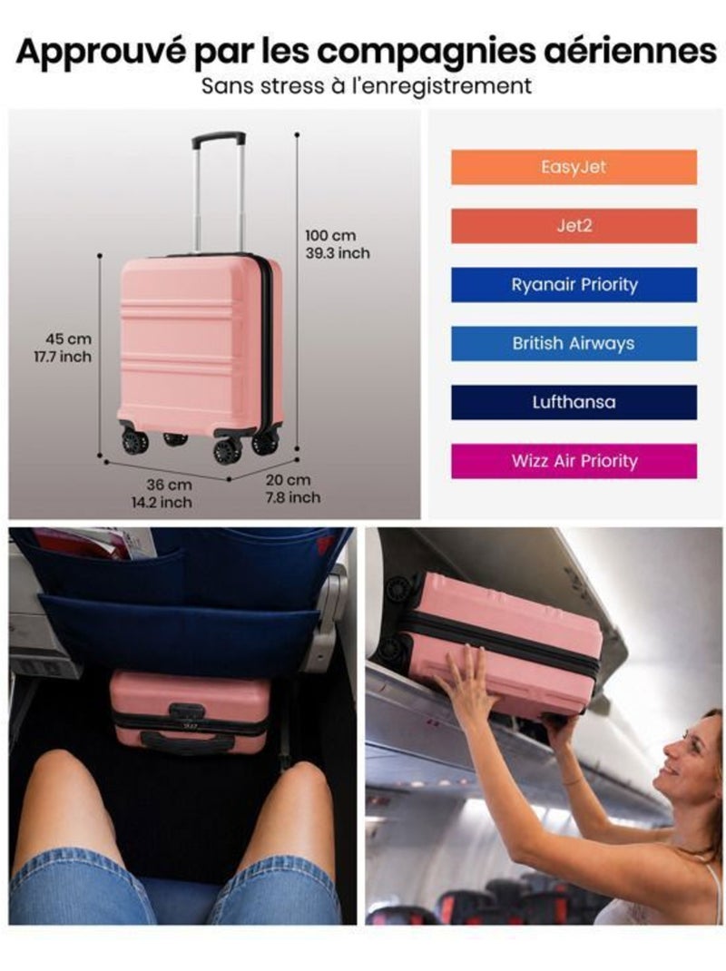 Valise cabine - rigide, abs, 4 roulettes, serrure tsa - kono Rose - Kiabi