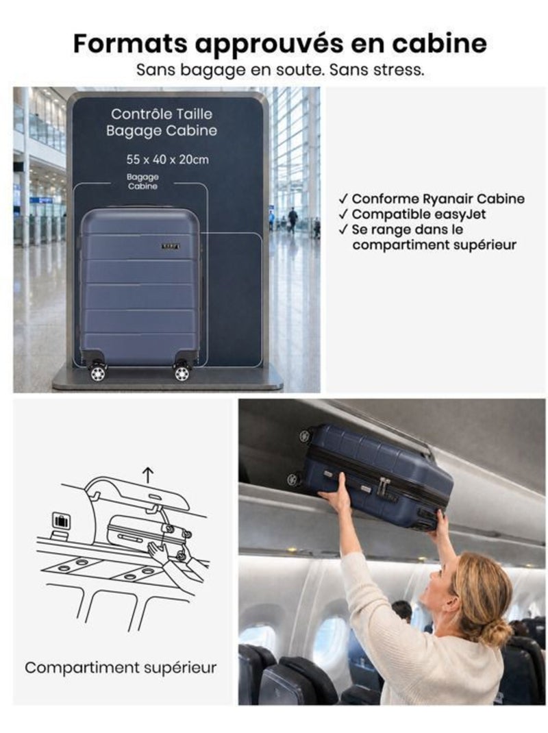 Valise cabine - rigide, polycarbonate, légère, 4 roulettes - kono Bleu - Kiabi