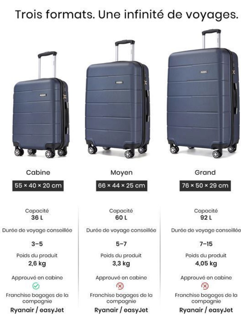 Valise cabine - rigide, polycarbonate, légère, 4 roulettes - kono Bleu - Kiabi