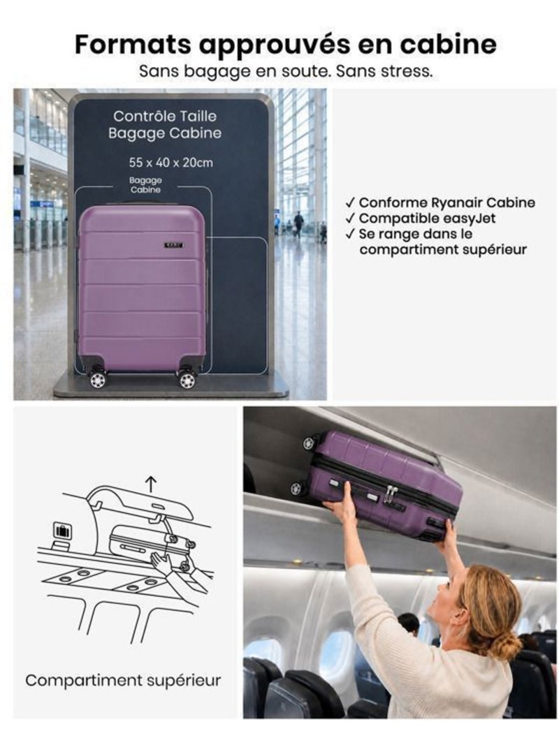Valise cabine - rigide, polycarbonate, légère, 4 roulettes - kono Violet - Kiabi