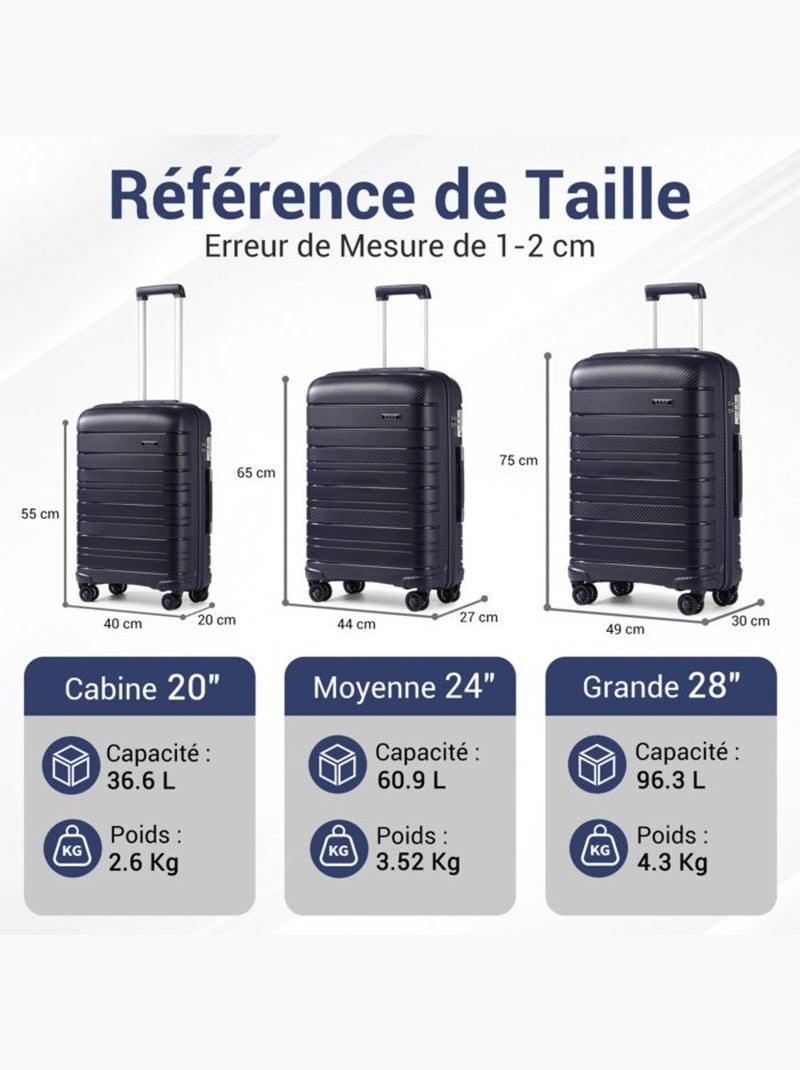Valise cabine - rigide, polypropylène, 4 roulettes, serrure tsa - kono Bleu marine - Kiabi