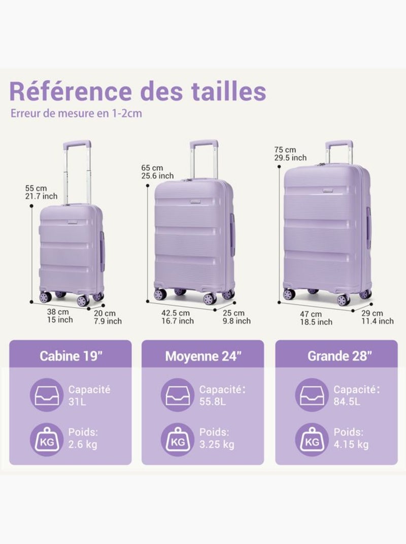 Valise cabine - rigide, polypropylène, légère, 4 roulettes - kono Violet - Kiabi