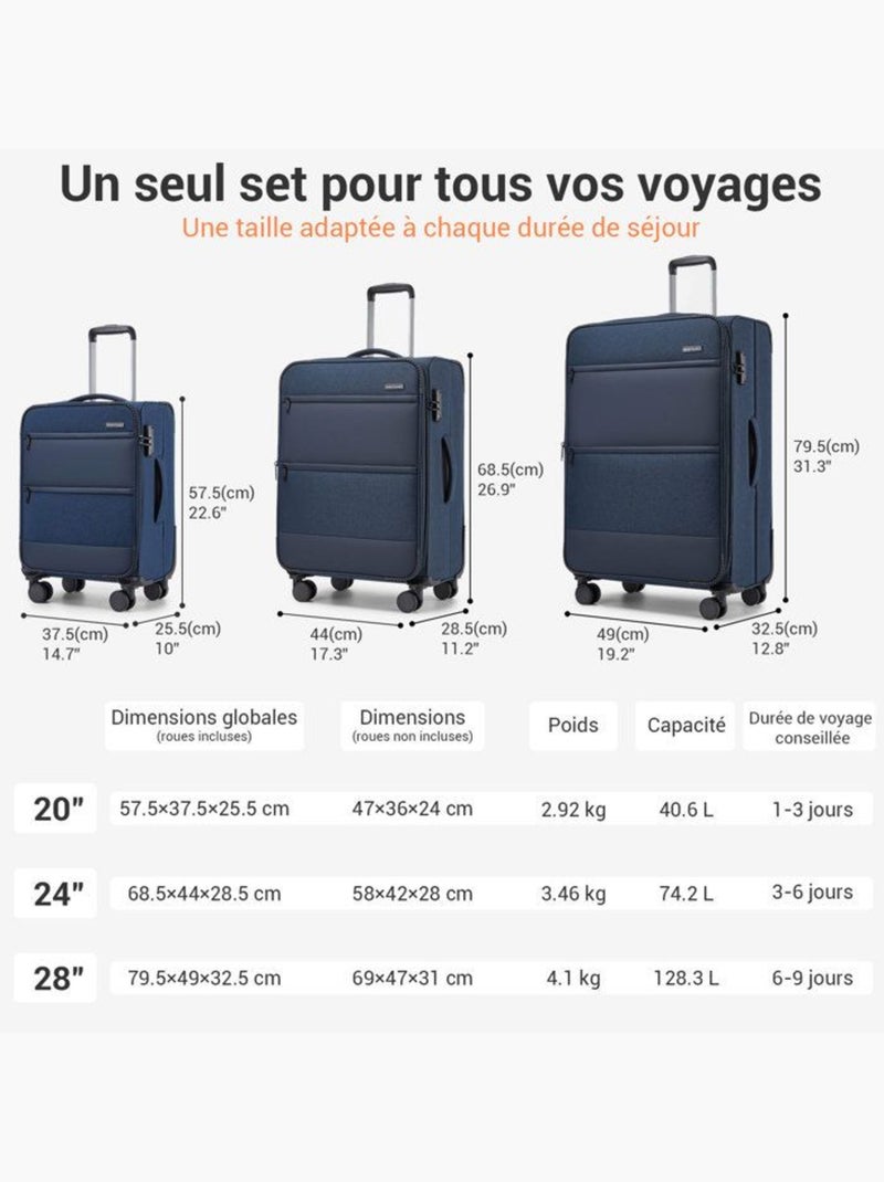 Valise de soute - 68.5x44x28.5 cm, souple, 4 roues 360°, serrure tsa - british traveller Bleu - Kiabi