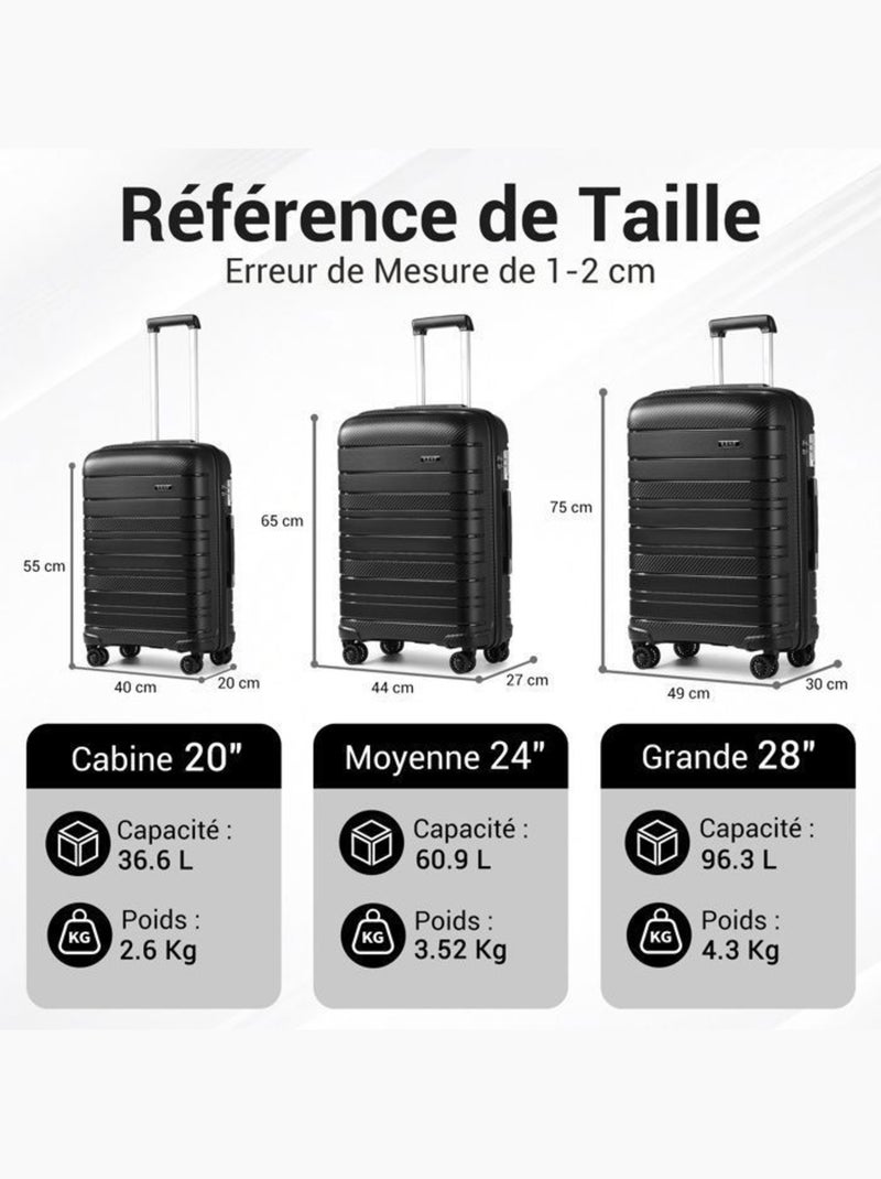 Valise de soute - 76x49x30 cm, rigide polypropylène (pp), 4 roues 360°, serrure tsa - kono Noir - Kiabi