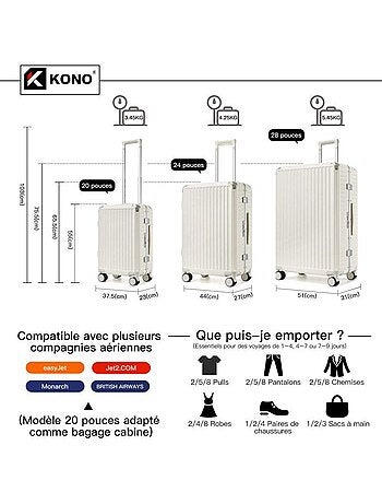 Valise de voyage - 75.5x51x31 cm rigide 4 roulettes serrure tsa - kono