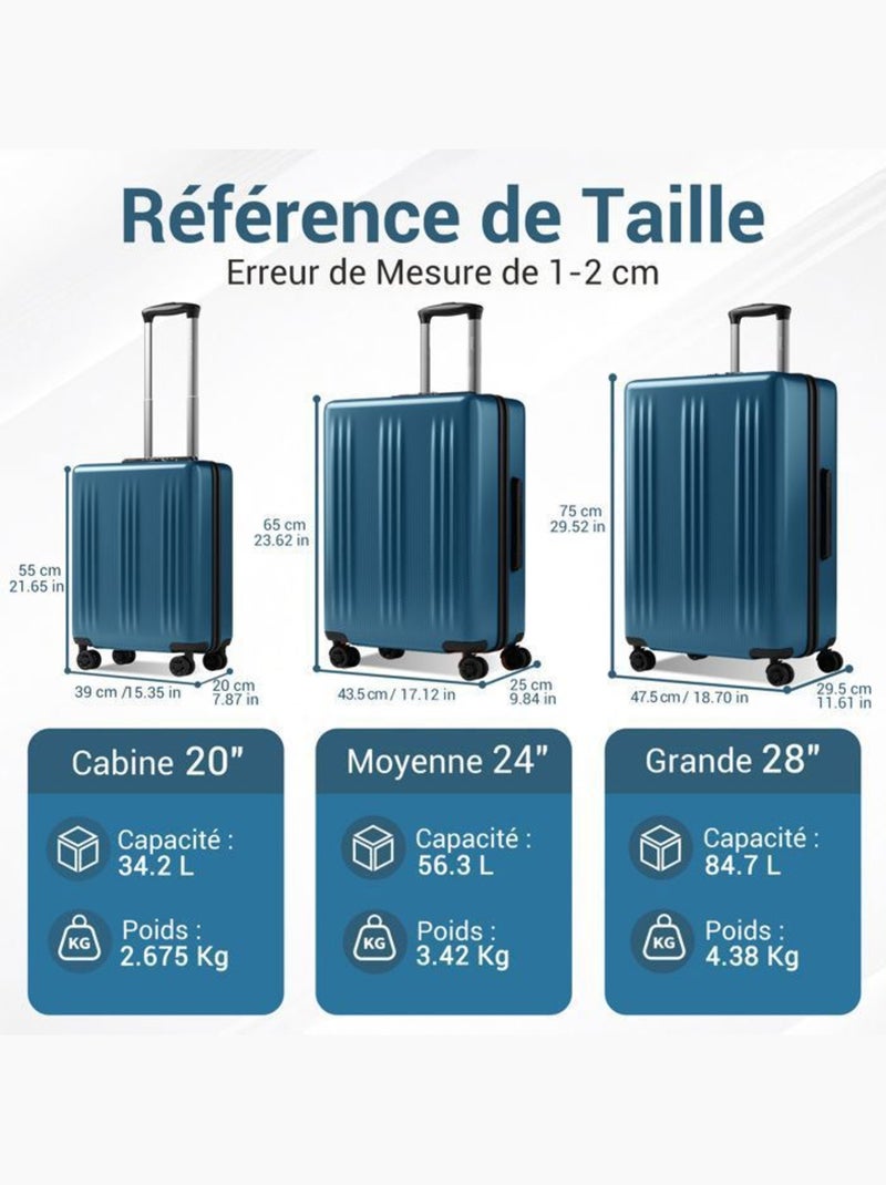 Valise grande taille - 75x47.5x29.5 cm abs+pc 4 roulettes serrure tsa - kono Bleu - Kiabi