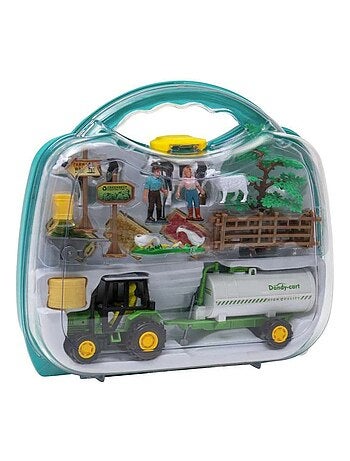 Valisette ferme transportable avec tracteur remorque animaux et accessoires enfant