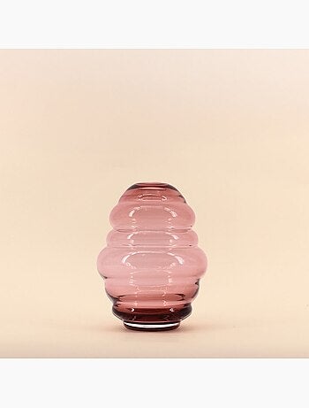 Vase anneaux en verre rose fait main, H21cm