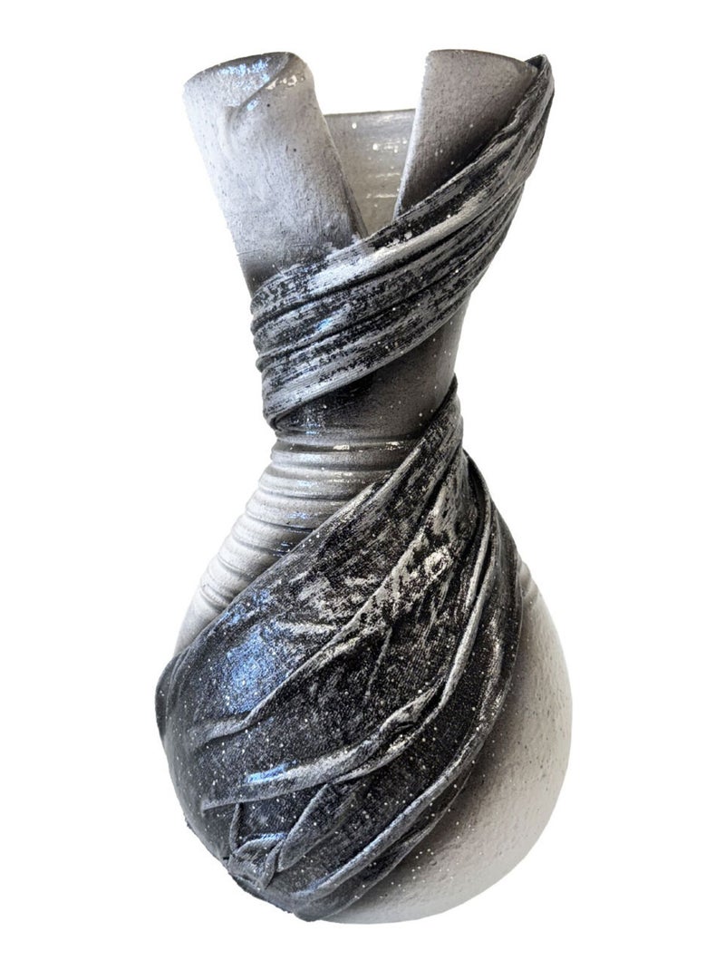 Vase artisanal drapé de tissus blanc et gris pailleté 20 cm Gris - Kiabi