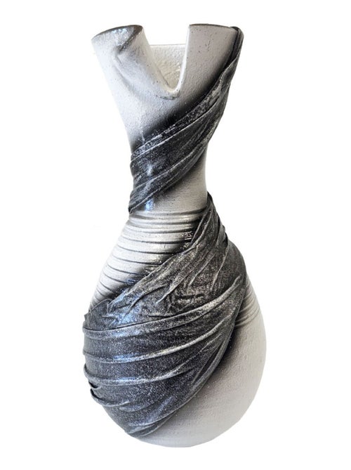 Vase artisanal drapé de tissus blanc et gris pailleté 30 cm - Kiabi