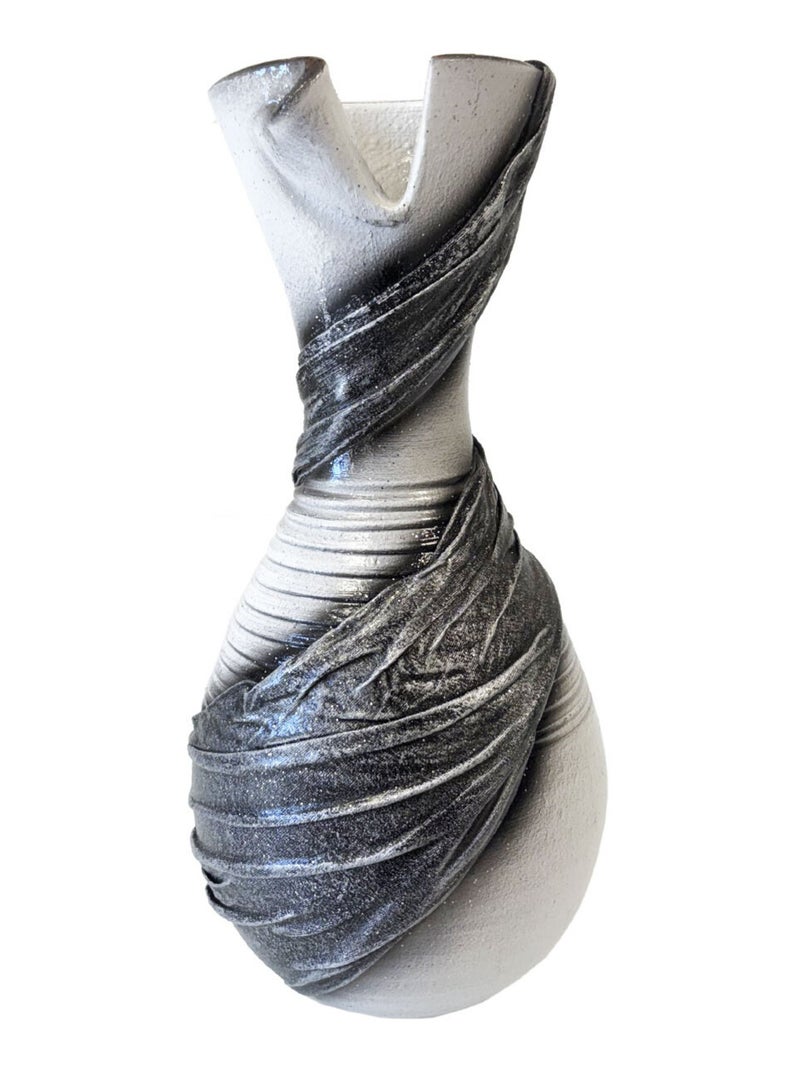 Vase artisanal drapé de tissus blanc et gris pailleté 30 cm Gris - Kiabi