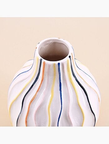 Vase blanc en céramique lignes colorées 19cm