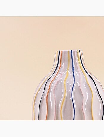 Vase blanc en céramique lignes colorées 19cm
