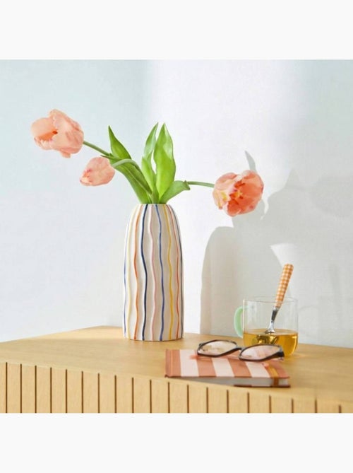 Vase blanc en céramique lignes colorées 21cm - Kiabi