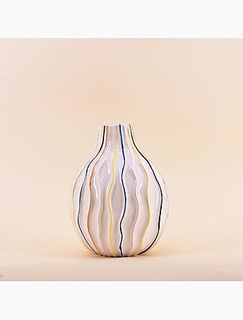 Vase blanc en céramique lignes colorées, H19cm