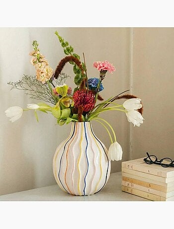 Vase blanc en céramique lignes colorées, H19cm