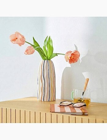 Vase blanc en céramique lignes colorées, H21cm