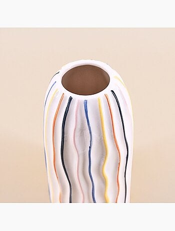 Vase blanc en céramique lignes colorées, H21cm