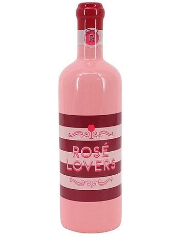 Vase bouteille de vin en faïence rayée rose 29cm