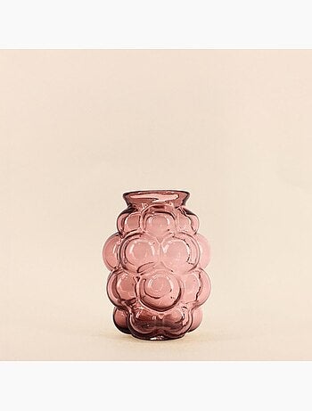 Vase bulles en verre fait main rose, H21cm