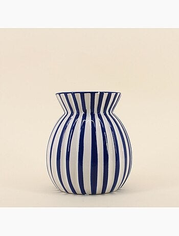 Vase céramique à rayures bleu en relief, H19cm
