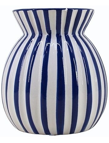 Vase céramique à rayures bleues en relief, H19cm