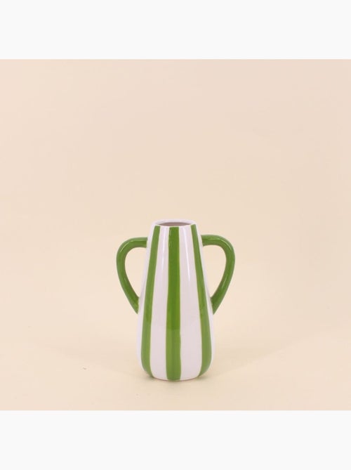 Vase céramique rayé blanc, vert avec anse 18cm - Kiabi