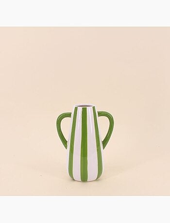 Vase céramique rayé blanc, vert avec anse, H18cm