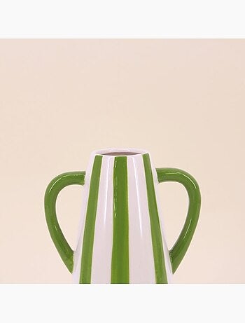 Vase céramique rayé blanc, vert avec anse, H18cm