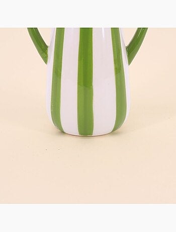 Vase céramique rayé blanc, vert avec anse, H18cm