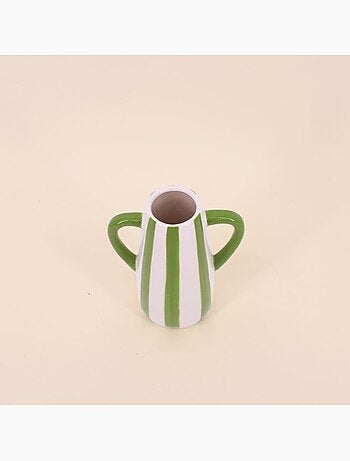 Vase céramique rayé blanc, vert avec anse, H18cm