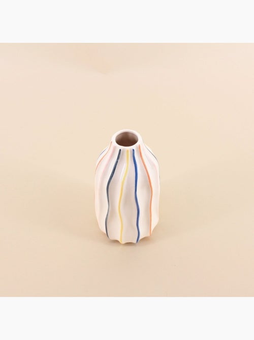 Vase en céramique blanches lignes colorées 17cm - Kiabi