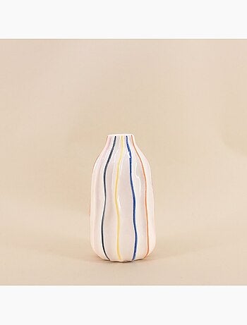 Vase en céramique blanches lignes colorées, H17cm