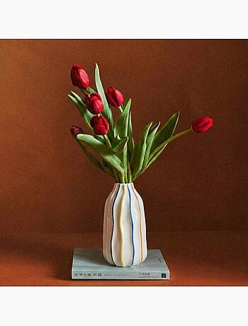 Vase en céramique blanches lignes colorées, H17cm