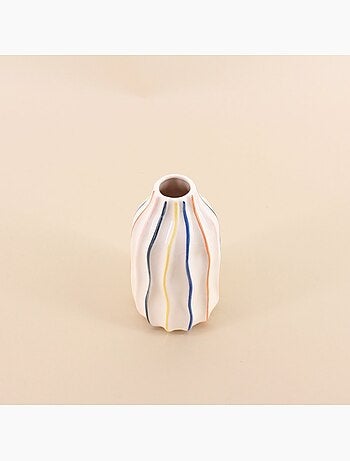 Vase en céramique blanches lignes colorées, H17cm