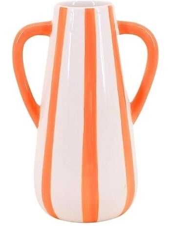 Vase en céramique rayé orange, blanc 2 anses 18cm